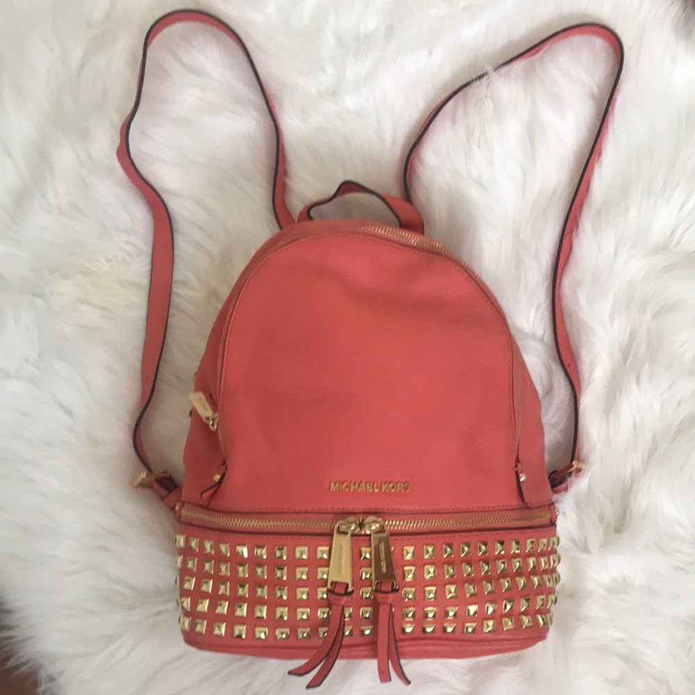 Michael kors rhea backpack coral with gold studs